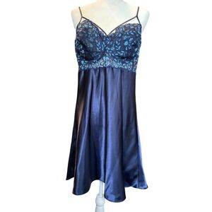 Cacique Navy Blue Lace Trim Satin Nightgown Slip Dress Size 18 20